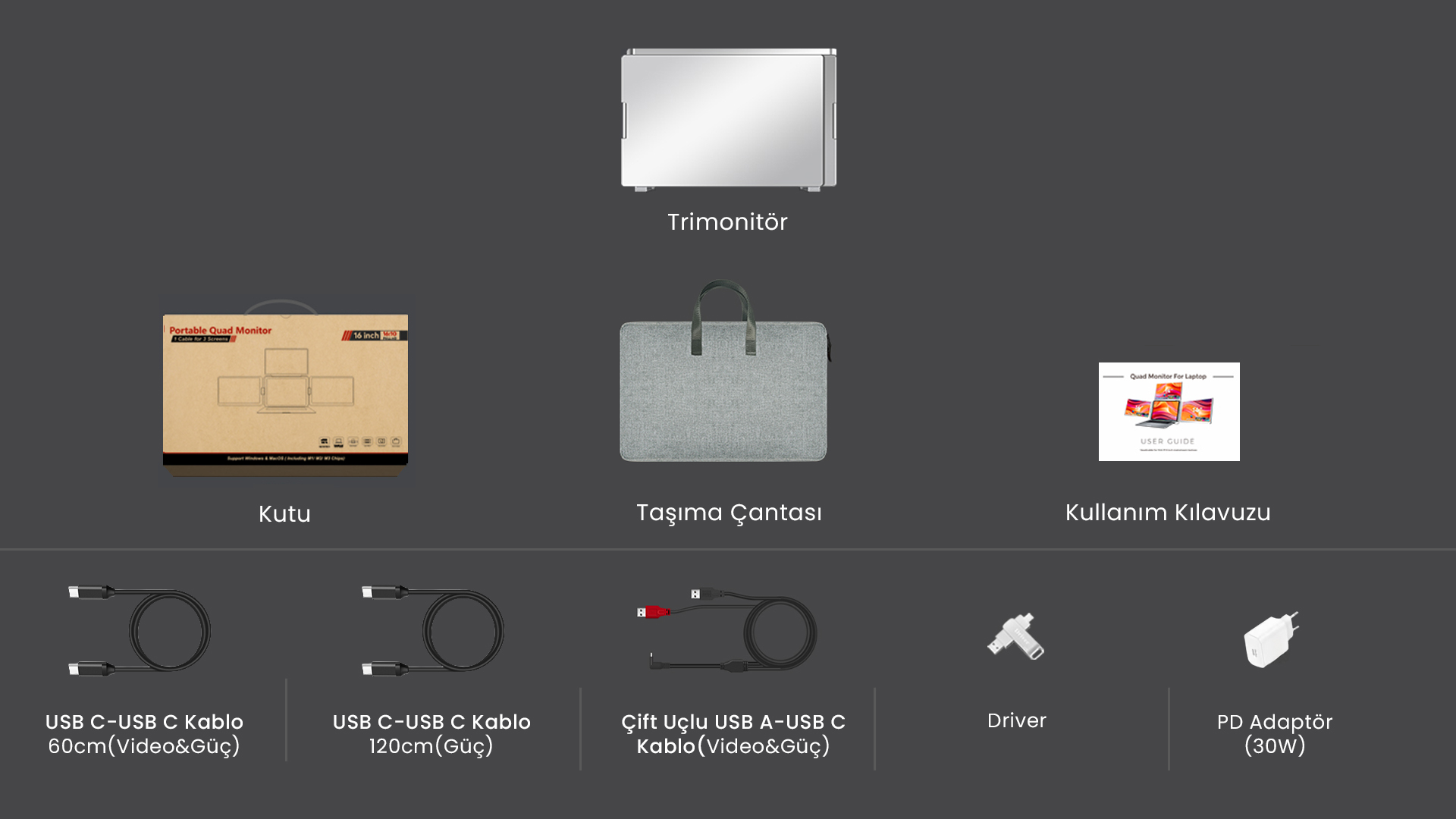 16" Üçlü Trimonitör (Sabit Panel)