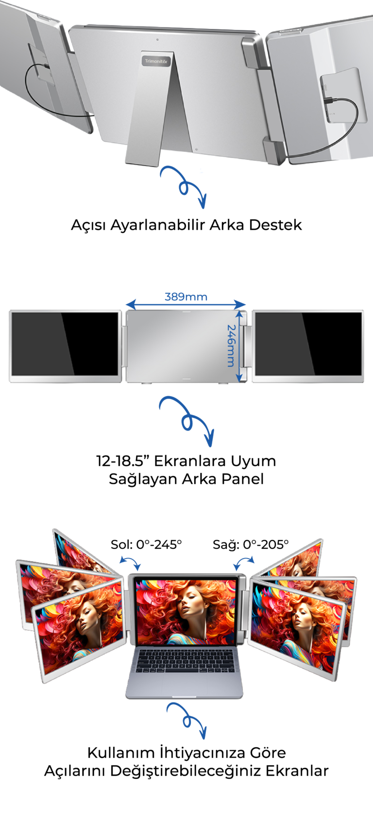 16" Trimonitör 360° (Çok Kablolu) Ergonomik Tasarım