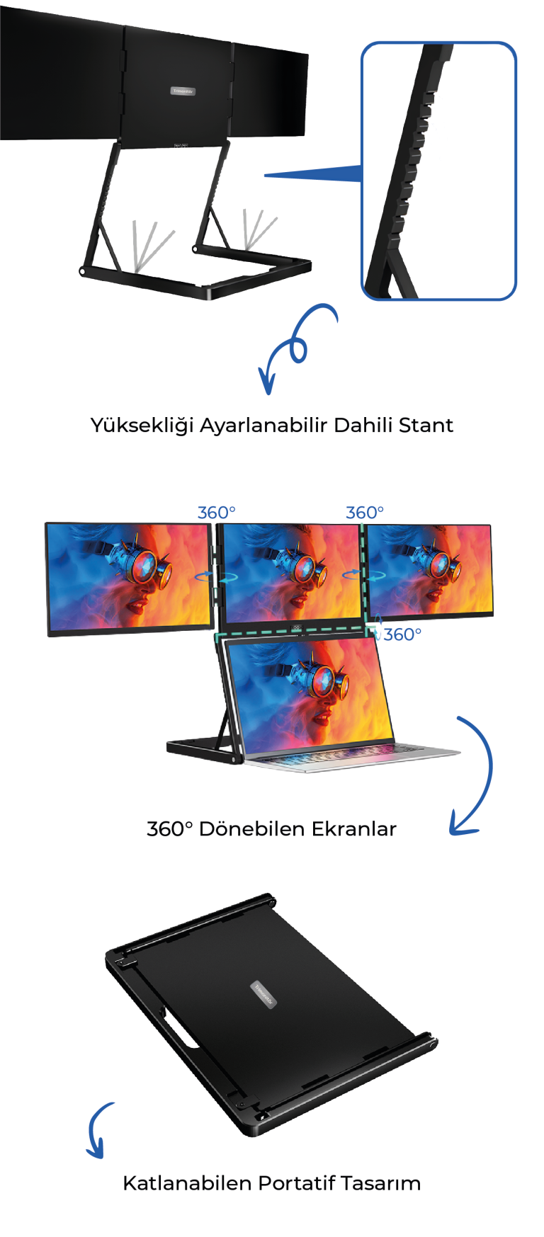 16" Üçlü Trimonitör (Stantlı) Ergonomik Tasarım